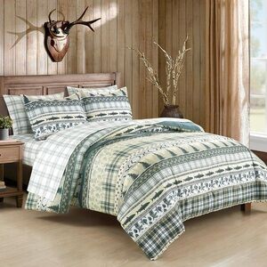 Plaid and Fish Pattern Queen 3 piece Bedding Set